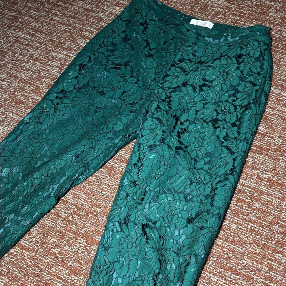 Rachel Parcell lace cropped trousers emerald green scallop hem women’s pant 2